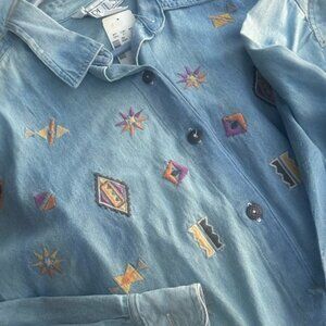 Y2K WOMENS JEAN SHIRT BUTTON DOWN 100% COTTON EMBOSSED EMBROIDERY PrairieCore